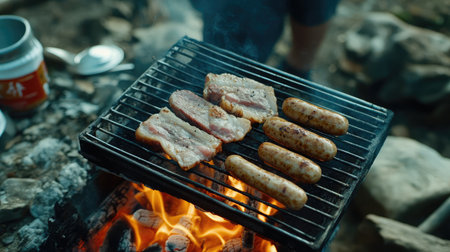 Savor the sight of juicy meats grilling over open flames, surrounded by nature. A perfect scene for a summer barbecue, highlighting the joy of outdoor cooking and togetherness.の素材