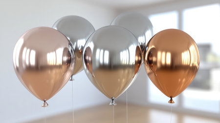 A group of elegant metallic balloons in silver, rose gold, and copper adds a festive touch to any indoor space, ideal for celebrations and special occasions.の素材