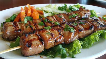 A delicious platter of grilled meat skewers garnished with fresh herbs and colorful vegetables, perfect for a summer barbecue or festive gathering.の素材