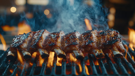 A mouthwatering scene of perfectly grilled ribs sizzling over flames, infused with smoke, showcasing the joy of outdoor cooking and delicious barbecue flavor.の素材