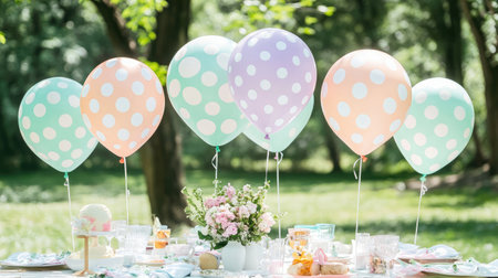 A charming outdoor setting featuring polka-dotted balloons in pastel colors above a beautifully arranged table, perfect for festivities and celebrations in nature.の素材