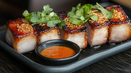 Indulge in the rich flavors of crispy pork belly topped with fresh cilantro and served with a spicy sauce on a sleek black plate, perfect for food lovers.の素材