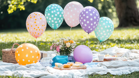 A vibrant picnic scene featuring colorful polka dot balloons, delightful flowers, and tasty treats set on a grassy area under a clear sky, perfect for celebrations.の素材