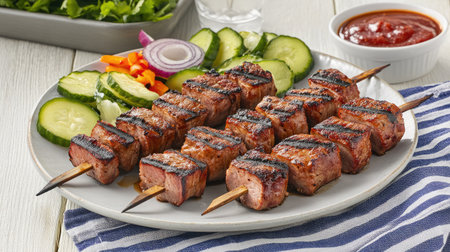 Enjoy a vibrant display of grilled meat skewers served with fresh vegetables and savory dipping sauce, perfect for enhancing any barbecue gathering or outdoor celebration.の素材