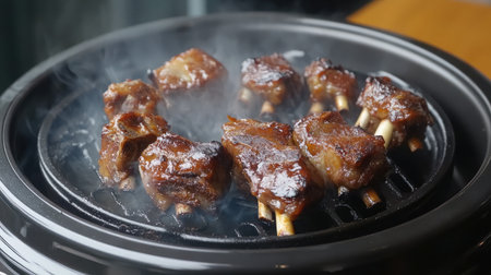 Savory grilled meat chops placed on a barbecue grill, surrounded by tempting smoke, showcasing the art of cooking and inviting culinary enthusiasts to enjoy delicious flavors.の素材
