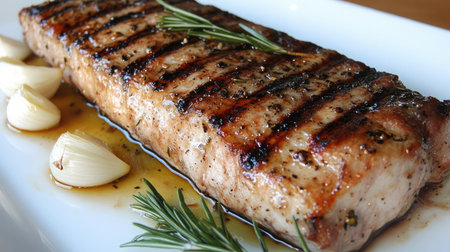 Beautifully grilled salmon fillet with aromatic herbs and garlic, ideal for culinary articles, cooking tutorials, and food enthusiasts seeking inspiration for healthy meals.の素材
