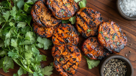 Succulent grilled chicken thighs seasoned with herbs and spices, presented on a rustic wooden platter alongside fresh cilantro and assorted spices, ideal for any meal.の素材
