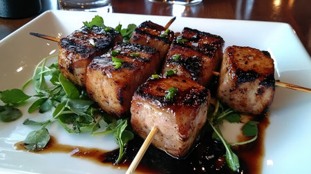 Enjoy mouthwatering grilled tofu skewers garnished with fresh herbs and a savory sauce, offering a delightful and healthy vegetarian option perfect for any dining experience.の素材