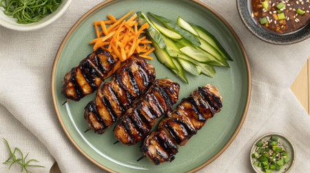 Savory grilled chicken skewers glazed to perfection served on a green plate with fresh vegetables and dipping sauce, ideal for summer gatherings and delicious meals.の素材