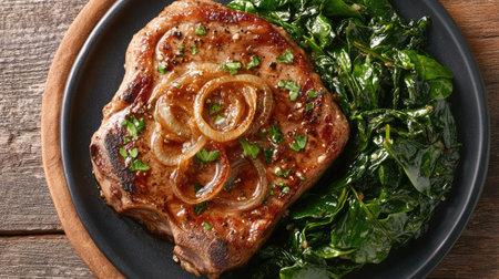 This image features a beautifully grilled pork chop, served on a dark plate alongside vibrant sautの素材