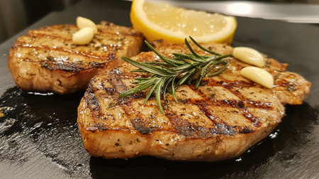 A delicious portrayal of grilled meat perfectly garnished with rosemary and garlic, complemented by a fresh lemon slice, ideal for culinary enthusiasts and food lovers.の素材