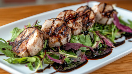 This exquisite image showcases grilled scallops glazed with balsamic reduction, served on a bed of fresh greens, perfect for gourmet dining and culinary enthusiasts.の素材