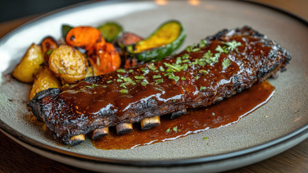 Enjoy a delicious serving of BBQ ribs drizzled with savory sauce, accompanied by vibrant roasted vegetables and golden potatoes on an elegant plate. Perfect for food lovers.の素材