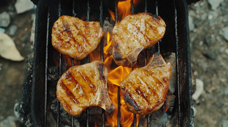 Juicy pork chops grilling over an open flame create a mouth-watering outdoor cooking experience, perfect for summer parties and delicious meals with friends and family.の素材