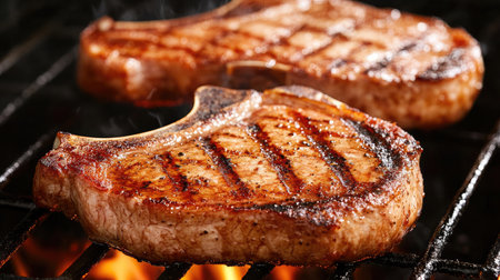 This image showcases juicy grilled pork chops on a barbecue grill, highlighting perfect char marks and flames that enhance the flavor, making it ideal for culinary inspiration.の素材
