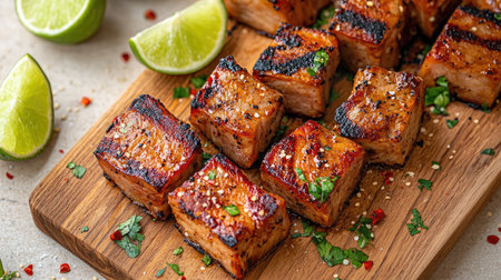 Delicious grilled cubes of pork served with fresh lime wedges, adorned with herbs and spices, create an appetizing dish perfect for summer gatherings or culinary delights.の素材