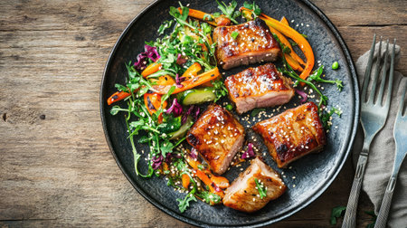 A beautifully presented plate featuring grilled pork tenderloin accompanied by a colorful salad of fresh vegetables, creating a feast for both eyes and palate.の素材