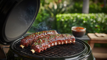 Savory and smoky barbecue ribs glisten on a hot grill, showcasing a rich glaze and herbs, perfect for outdoor gatherings and summertime celebrations filled with flavor.の素材