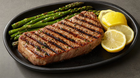Enjoy a beautifully presented grilled steak alongside fresh asparagus and lemon slices, creating an appetizing and sophisticated meal perfect for food lovers.の素材