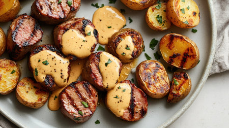A delectable display of grilled beef medallions drizzled with creamy sauce, paired with golden roasted potatoes and fresh herbs, ideal for any dining occasion.の素材