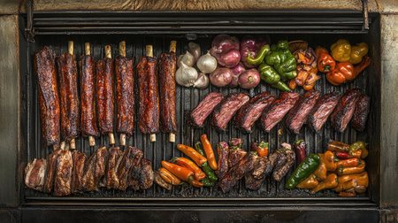 A mouthwatering display of grilled meats and vibrant vegetables, perfect for a summer cookout or family feast showcasing delicious flavors in outdoor cooking.の素材