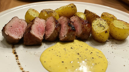 A beautifully plated dish featuring succulent steak slices, perfectly roasted golden potatoes, and a rich yellow sauce, ideal for culinary enthusiasts and food photography.の素材