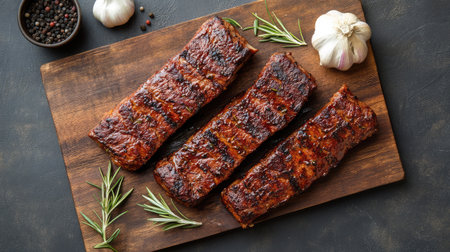 Mouthwatering grilled barbecue ribs presented on a rustic wooden board, accompanied by fresh garlic and aromatic herbs, ideal for culinary enthusiasts and summer gatherings.の素材