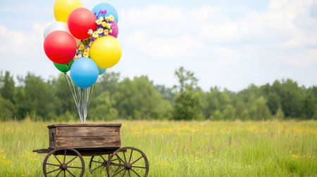 A rustic wooden cart filled with vibrant balloons stands in a serene green field, symbolizing joy and celebration under a beautifully sunny sky.の素材