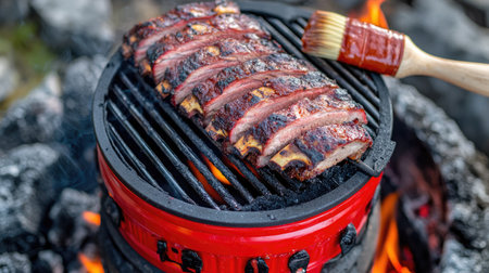 Mouthwatering grilled BBQ ribs sizzling on a charcoal grill, brushed with savory sauce, perfect for outdoor gatherings and bringing joy to every summer meal.の素材