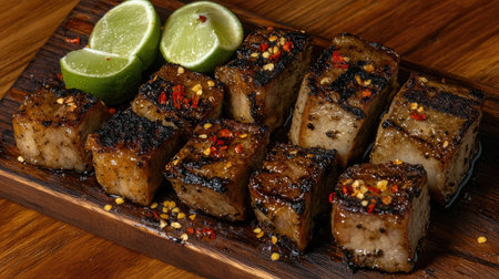 Delicious grilled cubes of meat seasoned with spices and lime, presented on a rustic wooden platter, perfect for showcasing culinary expertise and enticing food lovers.の素材
