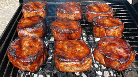 A close-up view of perfectly grilled pork chops on a barbecue grill, showcasing the delicious char marks and smoky flavor ideal for outdoor cooking.の素材