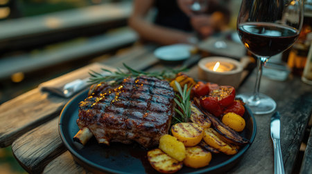A beautifully presented grilled steak with an assortment of roasted vegetables accompanied by a glass of red wine, creating a warm atmosphere for outdoor dining.の素材