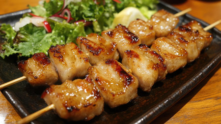 A tempting display of grilled meat skewers served on a plate, accompanied by a fresh salad and lemon slices, ideal for food enthusiasts and culinary presentations.の素材