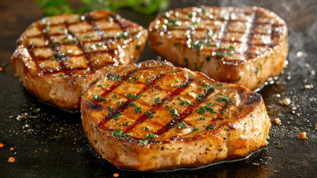 Juicy grilled pork chops showcase tantalizing grill marks, highlighting a perfect cooking technique. Ideal for culinary photography and delicious meal ideas.の素材