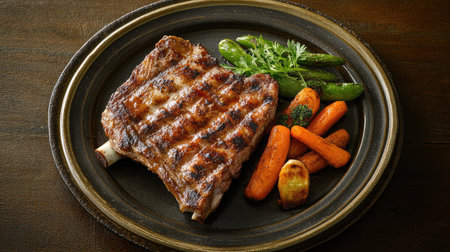 A beautifully grilled ribeye steak served with seasoned carrots, broccoli, and green peppers on a rustic plate, showcasing a delicious and hearty meal perfect for any dining occasion.の素材