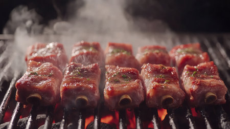 Mouthwatering grilled meat ribs are sizzling on a barbecue grill, enveloped in aromatic smoke, perfect for showcasing culinary skills and appetizing dishes.の素材