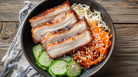 A stunning bowl of succulent pork belly served with fresh vegetables, pickles, and sesame seeds, perfect for showcasing culinary artistry and mouthwatering flavors.の素材