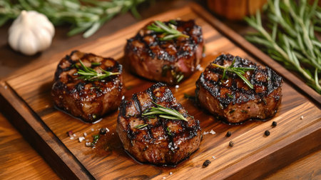 Savor the rich flavor of grilled beef steaks garnished with fresh herbs and garlic, beautifully arranged on a wooden platter, perfect for a gourmet dining experience.の素材