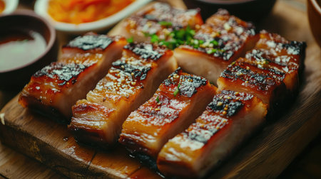 A mouth-watering display of perfectly grilled meat slices garnished and served with dipping sauces, ideal for food enthusiasts and culinary photography.の素材