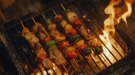 Juicy grilled skewers featuring a mix of colorful vegetables and tender meats, perfectly cooked over an open flame, evoking a sense of outdoor culinary delight.の素材