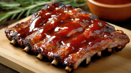 Mouthwatering barbecue ribs glazed with a rich, savory sauce are served on a wooden platter, complemented by fresh herbs and a bowl of tasty dip, perfect for any feast.の素材