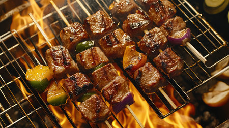 Enjoy the vibrant colors and smoky aroma of grilled meat and vegetables, perfectly cooked on skewers over an open flame for a mouthwatering summer feast.の素材