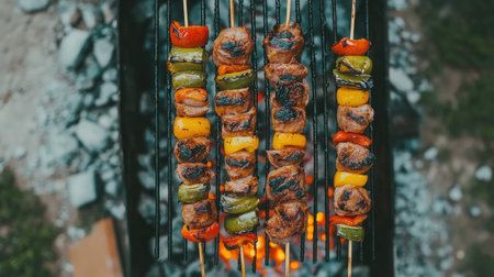 Grilled skewers with succulent meat and colorful vegetables cooked to perfection over an open flame create a mouthwatering outdoor dining experience. Perfect for summer gatherings!の素材