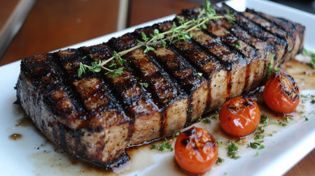 A beautifully grilled steak served with vibrant roasted tomatoes and fresh herbs, perfect for a summer meal or restaurant presentation, showcasing culinary artistry and flavor.の素材