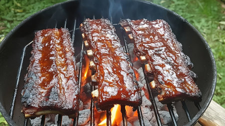 Juicy barbecue ribs sizzling on a grill, surrounded by smoke and charcoal, ideal for outdoor gatherings and delicious summer meals with friends and family.の素材