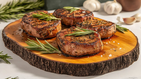 Juicy grilled meat fillets elegantly presented on a wooden cutting board with aromatic rosemary and garlic, perfect for showcasing culinary skills and taste in any setting.の素材