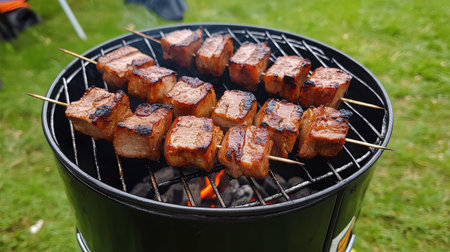Skewers of juicy grilled meat are showcased on a BBQ grill, surrounded by green grass, creating a vibrant and delicious outdoor dining experience in summer.の素材