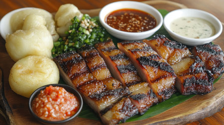 A beautiful arrangement of grilled meat accompanied by flavorful sauces, fresh greens, and soft steamed buns, perfect for any food lover seeking a delectable dining experience.の素材