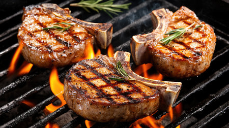 Succulent grilled lamb chop cutlets cooked to perfection, garnished with fresh rosemary, ideal for gourmet food photography and culinary presentations.の素材