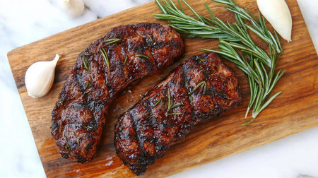 A mouthwatering image showcasing perfectly grilled steak garnished with fresh rosemary and garlic, ideal for food lovers and culinary presentations.の素材